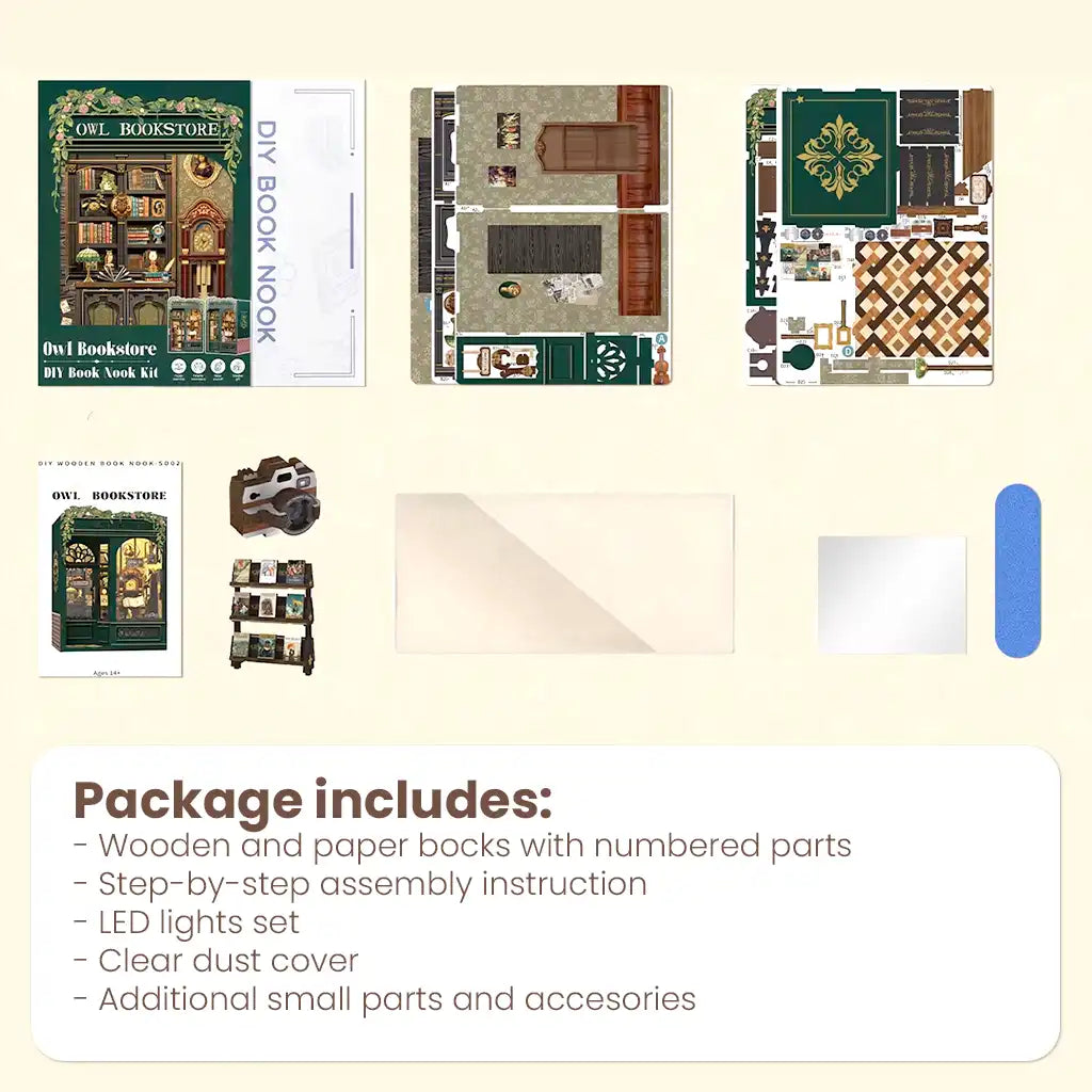 Green Owl Bookstore - DIY Wooden Miniature Kit